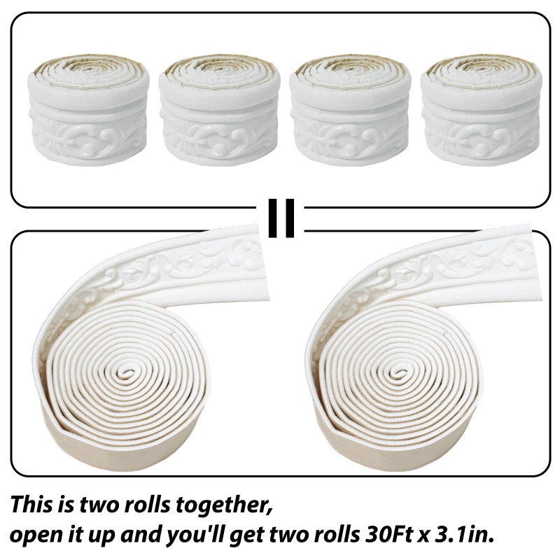 WAPANE 360" x 3.1" Peel Stick Foam Molding Trim Self Adhesive, Crown Molding Wallpaper Border Flexible, 3D Wall Edging Lines Foam Baseboard, Wall Trim for Home, White, 4PC - Image 3