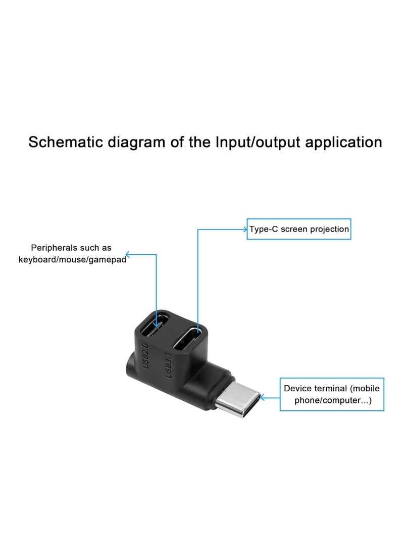 Bukela - USB Type C to 2 USB 3.1 USB C Adapter PD100W Charging Connector 90 Degree Male to USB C Female Dual Way for Smartphone Laptop Tablet Vapor Deck, Black - Image 1