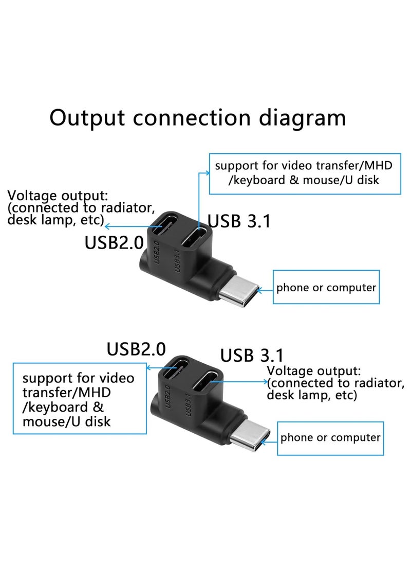 Bukela - USB Type C to 2 USB 3.1 USB C Adapter PD100W Charging Connector 90 Degree Male to USB C Female Dual Way for Smartphone Laptop Tablet Vapor Deck, Black - Image 1