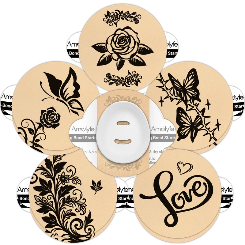 Amolyfe Dexcom G7 Tattoo Over Patches Waterproof, Amolyfe 10 Pack Dexcom Stelo Overpatches, Bump-Proof with Hard Cap, Breathable, Medical Adhesive, 10-Day CGM Protection (Tattoo Rose) - Image 1