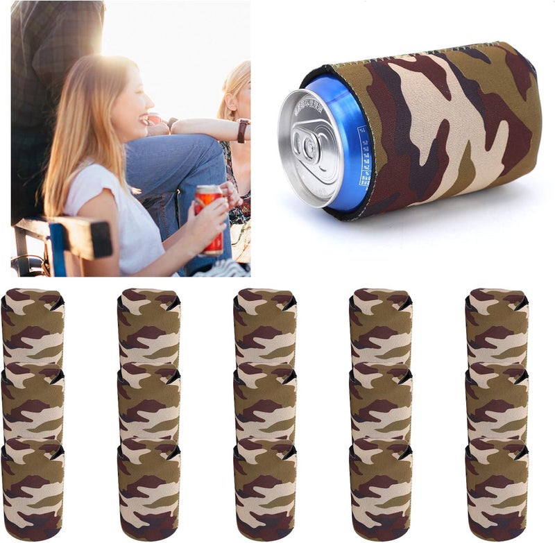 ويوبلز أغطية علب قياسية من النيوبرين الممتاز، عبوة من 15 قطعة، عوازل علب، حاملات تبريد، أغطية علب بيرة، غطاء علبة بيرة مخفي لمشروبات ريد بول، ميكيلوب ألترا، ترولي (لون أخضر مموه). - Image 2