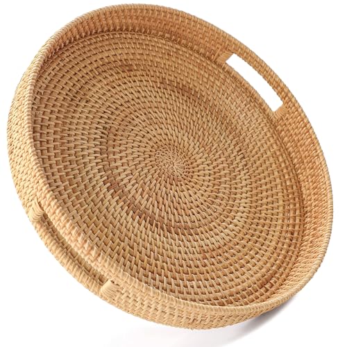 HITOMEN 11.8" Hand-Woven Round Rattan Serving Tray Decorative Wicker Trays with Handles for Coffee Table (Natural-M) - Image 1