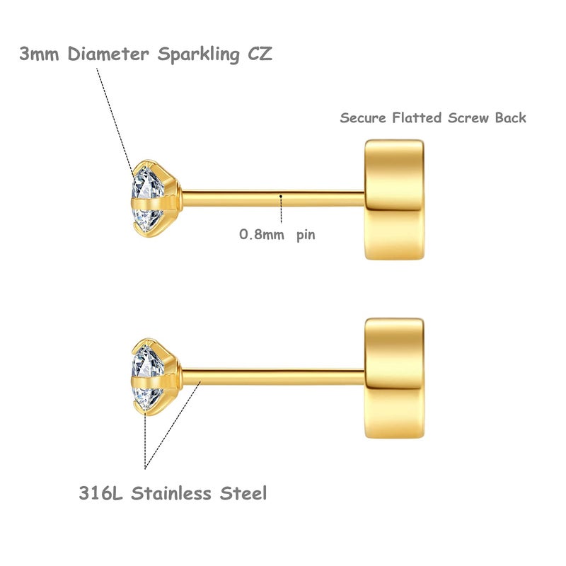 FOSIR 8 Pairs 3mm Tiny Flat Back Earrings for Women Men 14K Gold Plated Surgical Stainless Steel Stud Earrings Set Cubic Zirconia Cartilage Earring Hypoallergenic (Gold, 3mm CZ) - Image 2