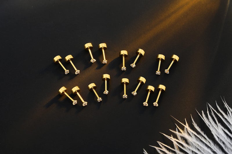 FOSIR 8 Pairs 3mm Tiny Flat Back Earrings for Women Men 14K Gold Plated Surgical Stainless Steel Stud Earrings Set Cubic Zirconia Cartilage Earring Hypoallergenic (Gold, 3mm CZ) - Image 3