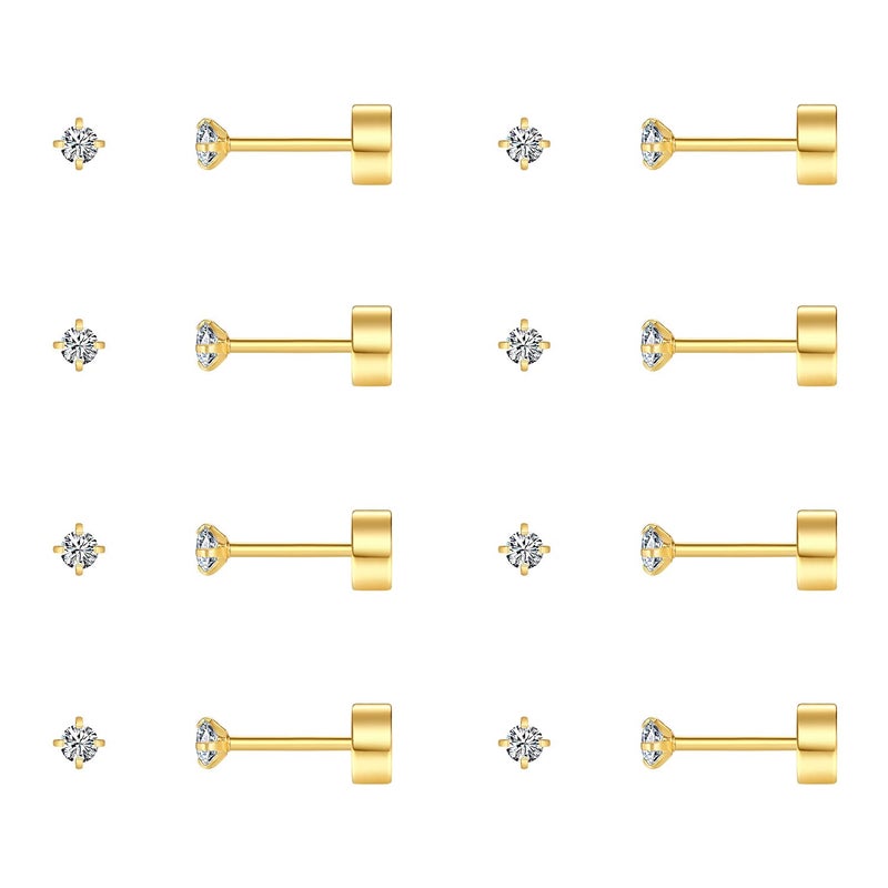 FOSIR 8 Pairs 3mm Tiny Flat Back Earrings for Women Men 14K Gold Plated Surgical Stainless Steel Stud Earrings Set Cubic Zirconia Cartilage Earring Hypoallergenic (Gold, 3mm CZ) - Image 1