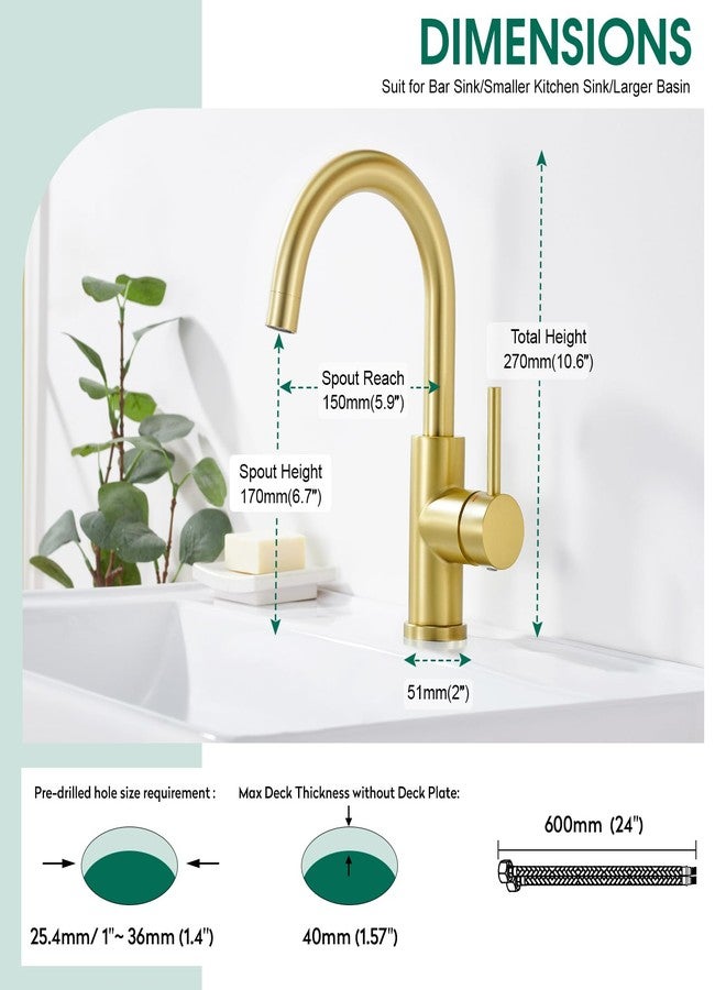 CREA Bar Sink Faucet Single Hole,Brushed Gold Faucets for Large Bathroom Basin/Small Kitchen Sink,Stainless Steel with Deck Plate,Prep Wet Bar Lavatory Vanity Outdoor - Image 2