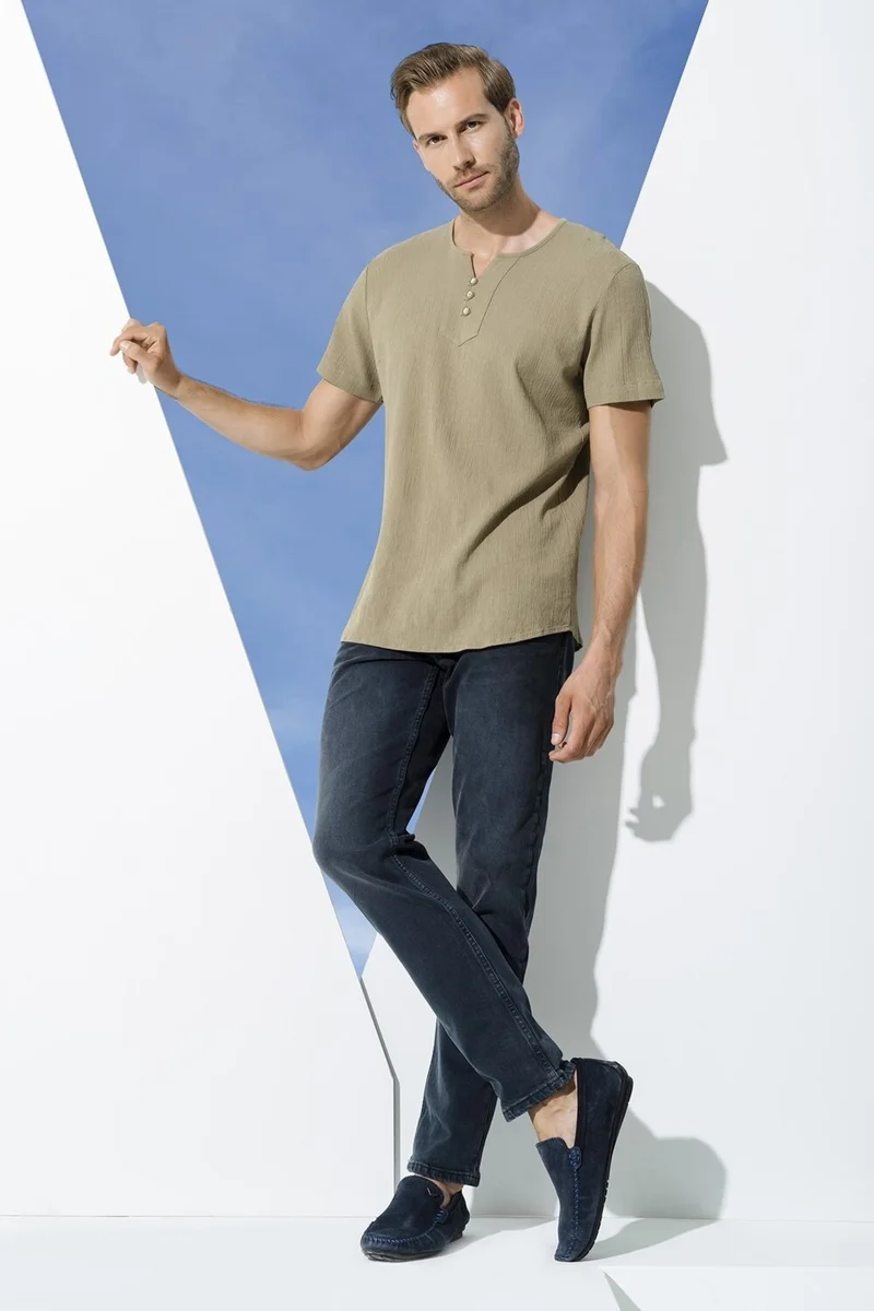 For You Man Organic 3 Button Short Sleeve Khaki Shirt S27057