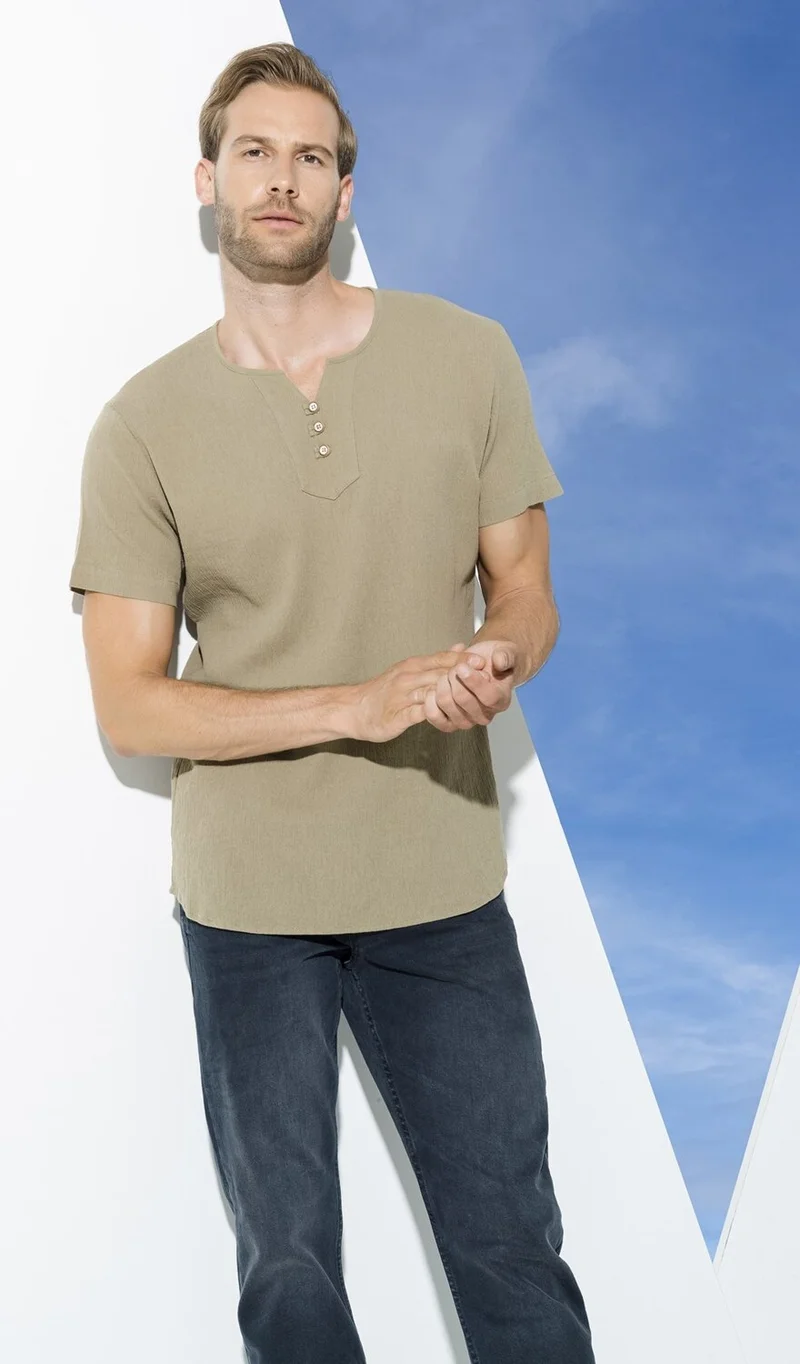 For You Man Organic 3 Button Short Sleeve Khaki Shirt S27057