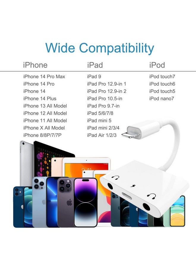 3In1 Lighting To 3.5Mmheadphone Adapter For Iphone Dual Earphone Jack Audio And Charging Adapterheadphone Splitter For Iphone 14 13 12 11 Xs Max Xr 8 7 Plus 6 Ipadsupport Ios 10 To16