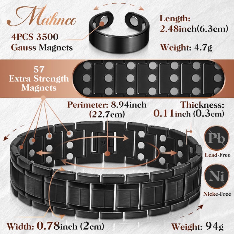 Mahnco Copper Bracelet for Men with Triple-Row Strong Magnets Magnetic Bracelets & Lymphatic Drainage Ring Set with Adjustable Sizing Tool, Magnetic Jewelry Gift (Black) - Image 2