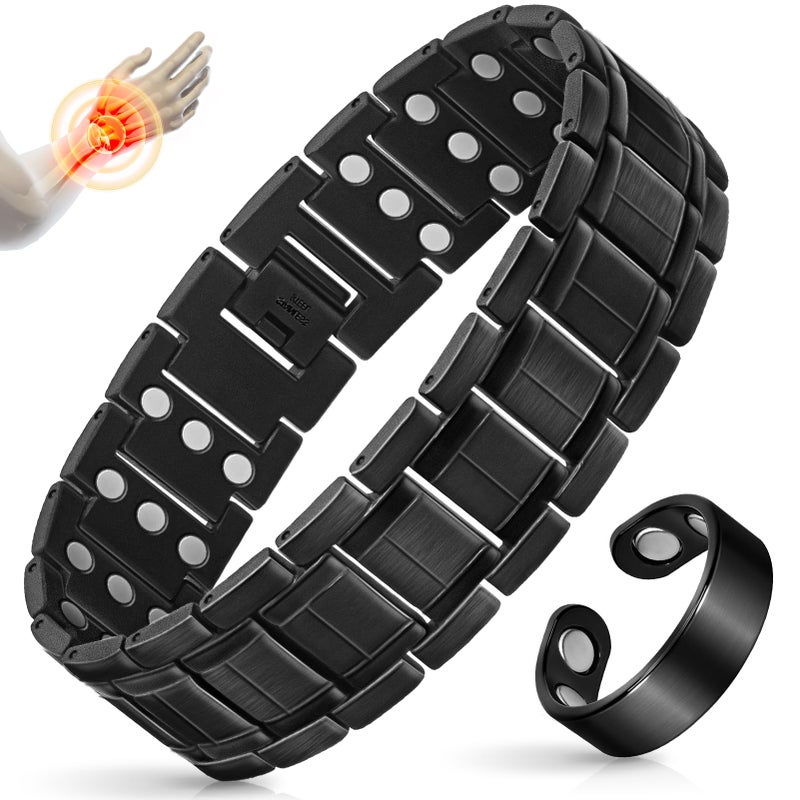 Mahnco Copper Bracelet for Men with Triple-Row Strong Magnets Magnetic Bracelets & Lymphatic Drainage Ring Set with Adjustable Sizing Tool, Magnetic Jewelry Gift (Black) - Image 1