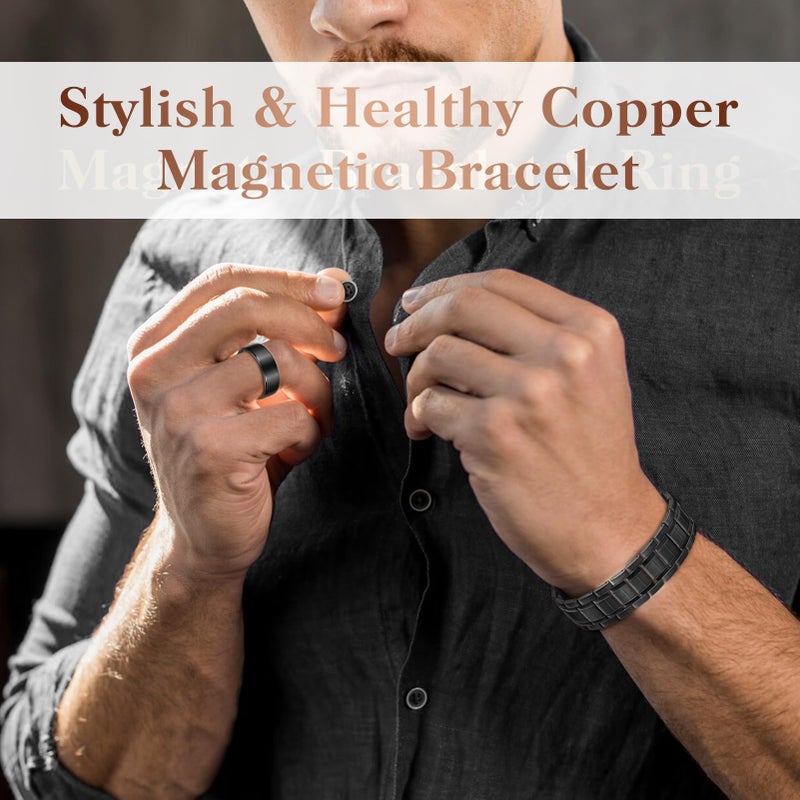 Mahnco Copper Bracelet for Men with Triple-Row Strong Magnets Magnetic Bracelets & Lymphatic Drainage Ring Set with Adjustable Sizing Tool, Magnetic Jewelry Gift (Black) - Image 3
