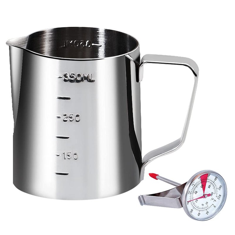 Belugahots Coffee Milk Frothing Pitcher Cup with Measurement Inside Thermometer set 12oz350ML Stainless Steel Espresso Steaming Pitcher Tool for Cappuccino Machines Espresso Pitcher Latte Art 
