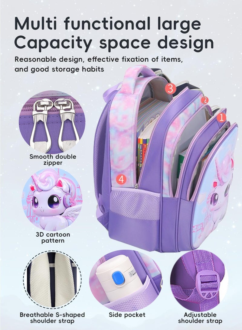 VUCATIN حقيبة مدرسية للأولاد، حقيبة ظهر مدرسية للأطفال مع حقيبة أقلام، حقيبة غداء، مقطورة، نمط كرتوني ثلاثي الأبعاد، حقيبة كتب كبيرة الحجم مقاومة للماء ولرياض الأطفال الابتدائية للفتيات من سن 3 إلى 10 سنوات (يونيكورن) - Image 2