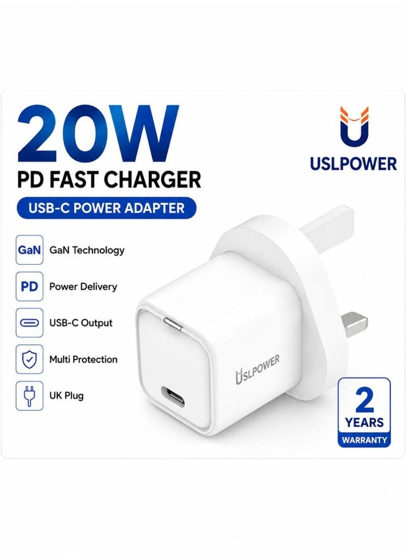 USLPOWER 20W USB-C PD GaN Fast Charger, Type-C Wall Power Adapter UK Plug for iPhone 16/15/14/13/12, iPad, Samsung & USB-C Devices - Image 1