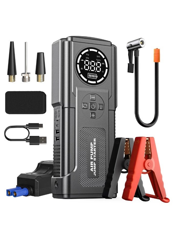 الحلم هذا الجهاز اللاسلكي المحمول لتشغيل طوارئ السيارات، يعمل ببطارية، وهو منفاخ إطارات، وضاغط هواء، وينفخ الإطارات بسهولة. كما أنه مزود بشاشة LED، ومصباح يدوي، وبنك طاقة، وسعة تخزين كبيرة. - Image 1