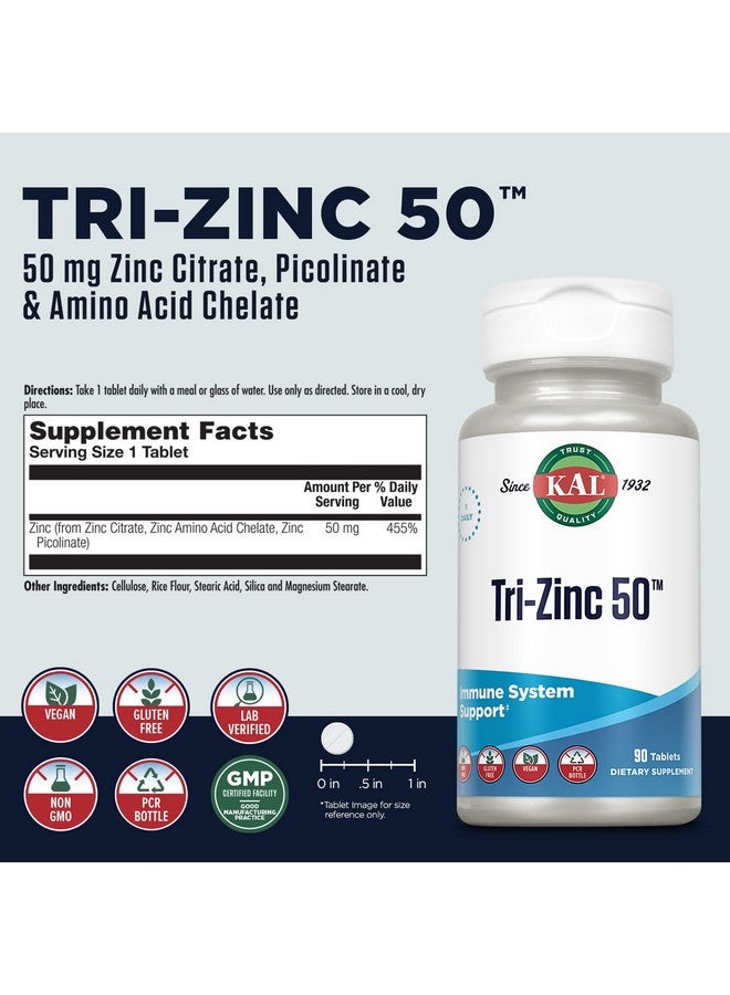 KAL Tri Zinc 50mg w/Zinc Citrate, Zinc Amino Acid Chelate and Zinc Picolinate, Healthy Metabolism and Immune Support Supplement, Vegan, Gluten Free, Non-GMO, 60-Day Guarantee, 90 Servings, 90 Tablets - Image 2
