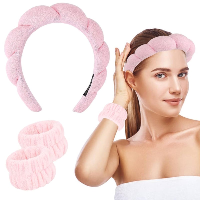 CRIYALE Facial Spa Headband for Women | Stylish Makeup and Face Wash Sunflower Sponge Facial Skincare Soft 1pc Hair Band With 2pc Wrist Band | Beauty Skincare Hairband (Pink)