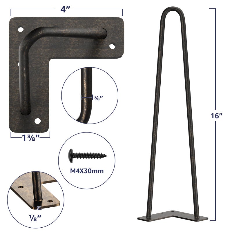 SMARTSTANDARD 16 Inch Heavy Duty Hairpin Furniture Legs, Metal Home DIY Projects for TV Stand, Sofa, Cabinet, etc with Rubber Floor Protectors Bronze 4PCS - Image 2