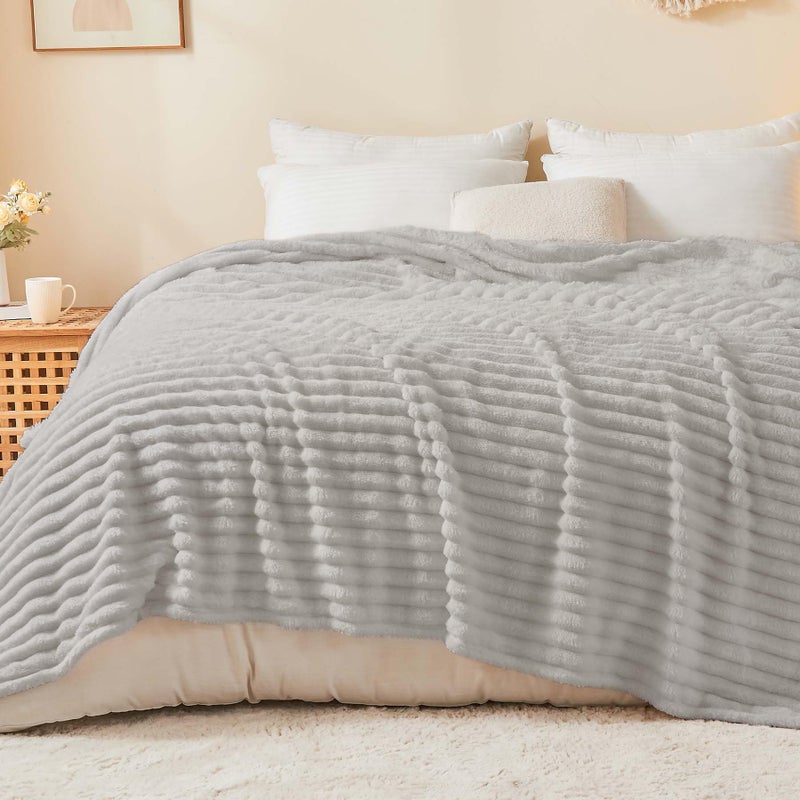 Bedelite King Size Blanket For Bed  300Gsm Soft & Warm Fleece Blanket  Decorative And Giftable Striped Light Grey Blankets For Women  Men  108""X90"" - Image 1