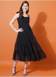 Dobby Sweetheart Neck Tiered Midi Dress by Styli