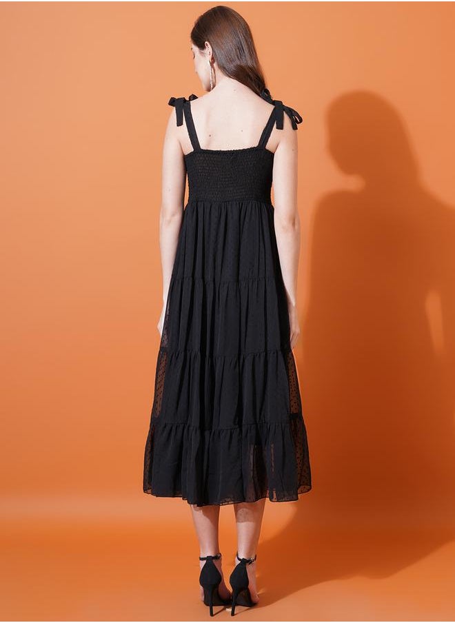 U&F - Dobby Sweetheart Neck Tiered Midi Dress by Styli - Image 1