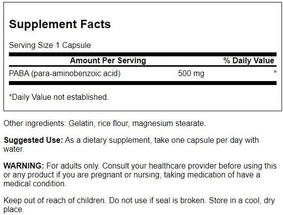 Swanson PABA  Powerful B Complex Supporting Red Blood Cell Formation  Folic Acid Component Aiding Supply Oxygen to Cells and Skin Health Support  120 Capsules 500mg Each - Image 2