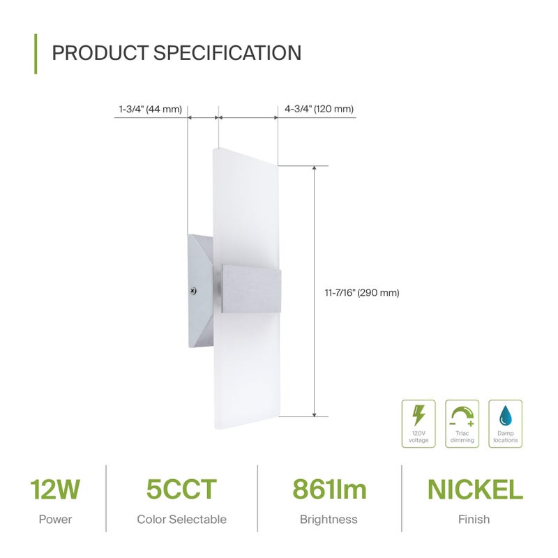 ASD LED Indoor Wall Mount Light Fixture - 12 Inch 12W Modern Interior Brushed Nickel Dimmable Wall Sconce Light - UL 2700K-5000K Adjustable - Hallway, Bedroom LED Wall Lights - Image 2