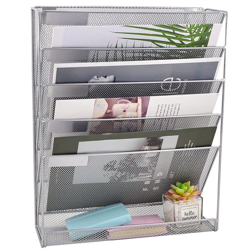 EASEPRES Desk File Organizer Mesh 6-Tier, Hanging Wall Mount Document Organization Stand, Desktop Vertical Mail Paper Folder Holder Rack with Bottom Tray for Office Home Cubicle Countertop, Silver - Image 1