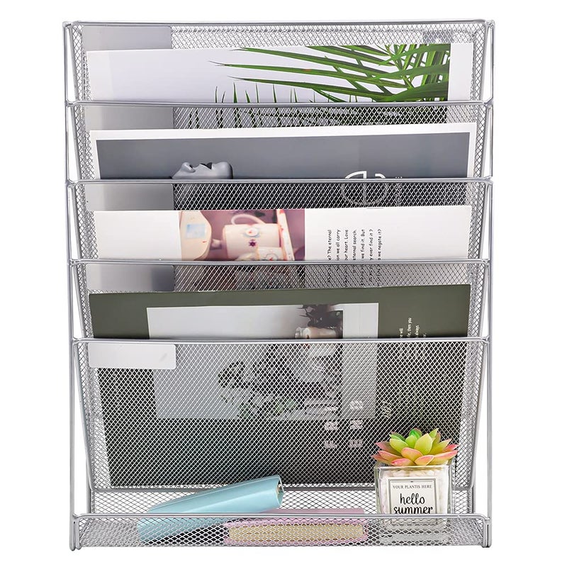 EASEPRES Desk File Organizer Mesh 6-Tier, Hanging Wall Mount Document Organization Stand, Desktop Vertical Mail Paper Folder Holder Rack with Bottom Tray for Office Home Cubicle Countertop, Silver - Image 2