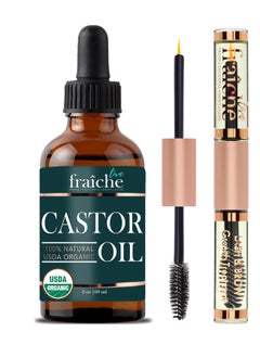 Live Fraiche Organic Castor Oil for Face Glass Bottle 2oz + FREE Mascara Tube Lash Growth Serum - USDA 100% Pure Cold Pressed Unrefined Hair Growth Oil for Eyelashes  - Image 1