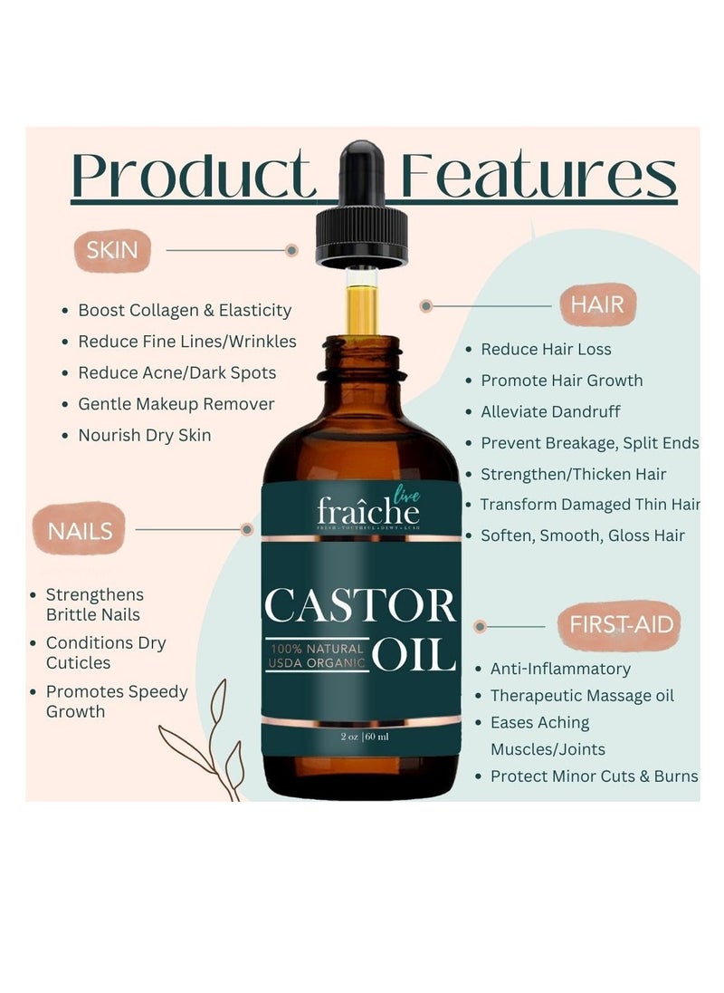 Live Fraiche - Organic Castor Oil for Face Glass Bottle 2oz + FREE Mascara Tube Lash Growth Serum - USDA 100% Pure Cold Pressed Unrefined Hair Growth Oil for Eyelashes - Image 1