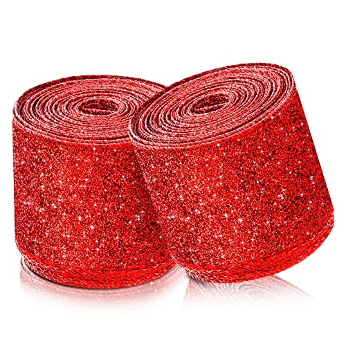 Dilunave 2 Rolls 20 Yards Christmas Ribbon Metallic Glitter Ribbon Wired Edge Decorative Fabric Ribbons for Party Wrapping Home Decorations Wedding Birthday DIY Crafts 25 Inch Red - Image 1