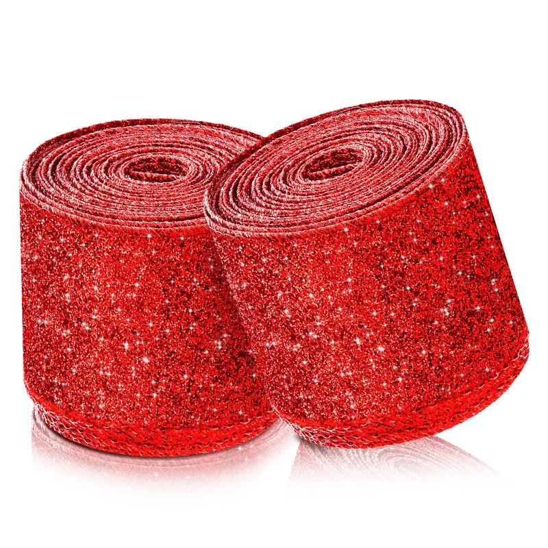 Dilunave 2 Rolls 20 Yards Christmas Ribbon Metallic Glitter Ribbon Wired Edge Decorative Fabric Ribbons for Party Wrapping Home Decorations Wedding Birthday DIY Crafts 25 Inch Red - Image 3