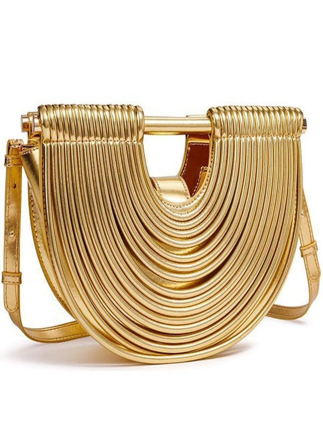 Geelyda Gold Purse, Evening Clutch Purses for Women, Half Round Designer Handbag, Vegan PU Leather Woven Bag for Wedding, Party, Prom - Image 1