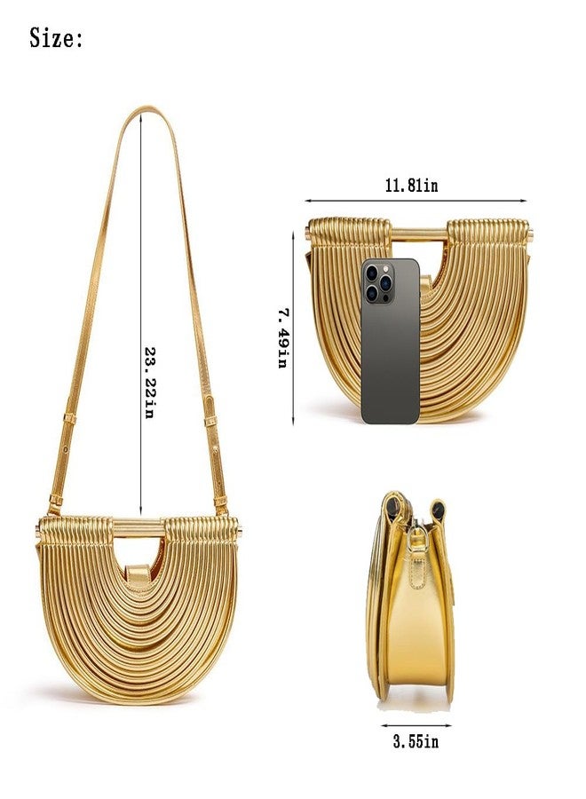 Geelyda Gold Purse, Evening Clutch Purses for Women, Half Round Designer Handbag, Vegan PU Leather Woven Bag for Wedding, Party, Prom - Image 4
