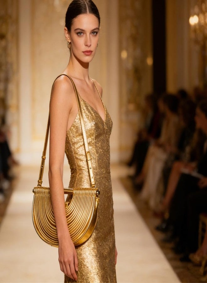 Geelyda Gold Purse, Evening Clutch Purses for Women, Half Round Designer Handbag, Vegan PU Leather Woven Bag for Wedding, Party, Prom - Image 2