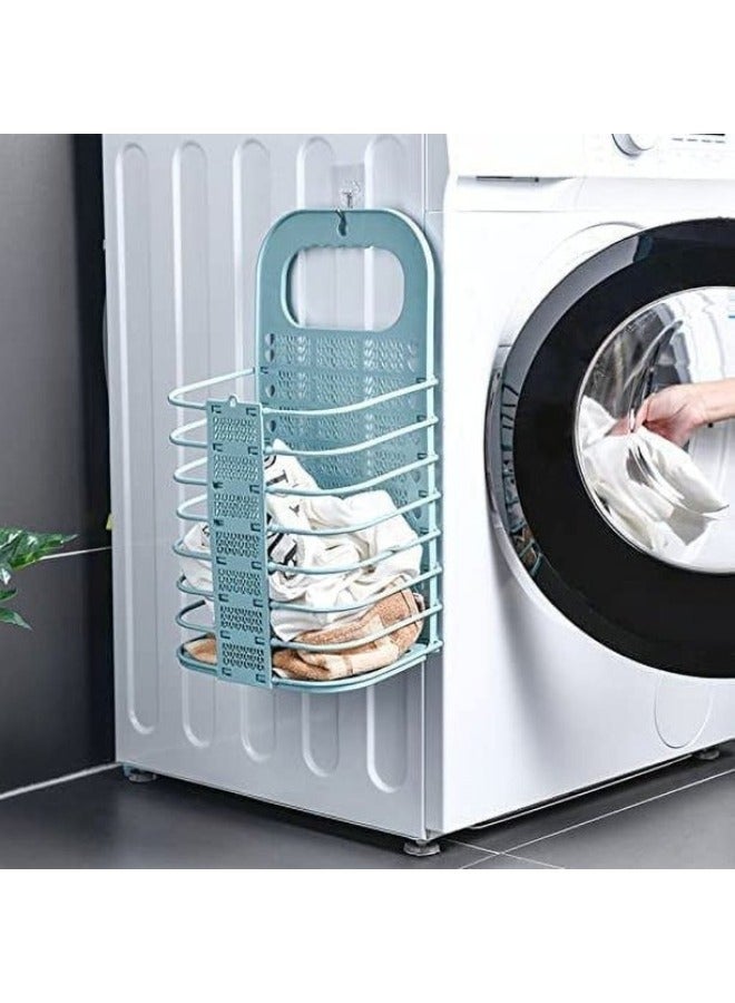 سلة غسيل معلق قابلة للطي مع سلة تخزين بمقبض بلاستيكية لتنظيم ملابس المنزل - ازرق - Image 2