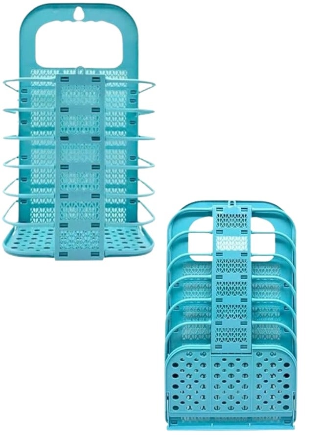 سلة غسيل معلق قابلة للطي مع سلة تخزين بمقبض بلاستيكية لتنظيم ملابس المنزل - ازرق - Image 3