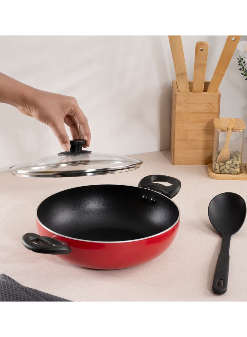 بيسبل مقلاة ووك غير لاصقة مع غطاء زجاجي مقاس 26 سم | مقلاة عميقة للطبخ والتشويح والطهي - Image 2