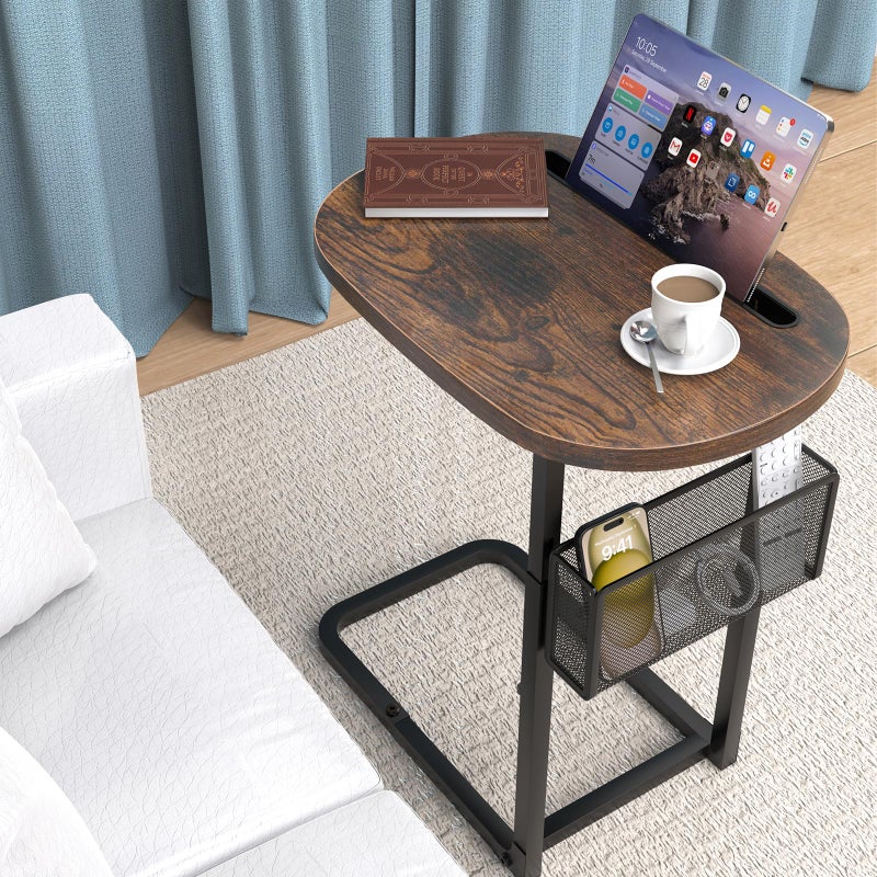 alentar Fashion TV Tray Table with Large Tabletop, Adjustable Sofa Table with Storage Baskets, Strong Metal Frame, Tv Dinner Tray Table for TV Watching, Meals, Snacks (Oval, Brown, 16.93inch x 12.6inch) - Image 1