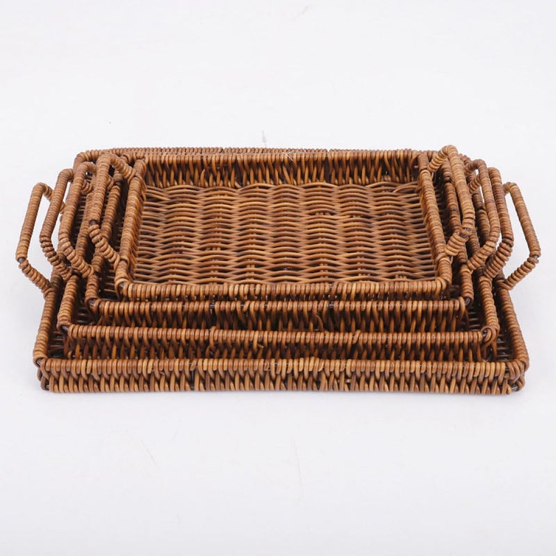 Brown Woven Plastic Storage Basket With Handles Rectangular 26x19x3 5 Cm For Home Fruit Snack Bread - Image 5
