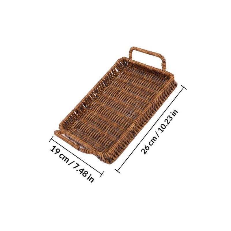 Brown Woven Plastic Storage Basket With Handles Rectangular 26x19x3 5 Cm For Home Fruit Snack Bread - Image 3