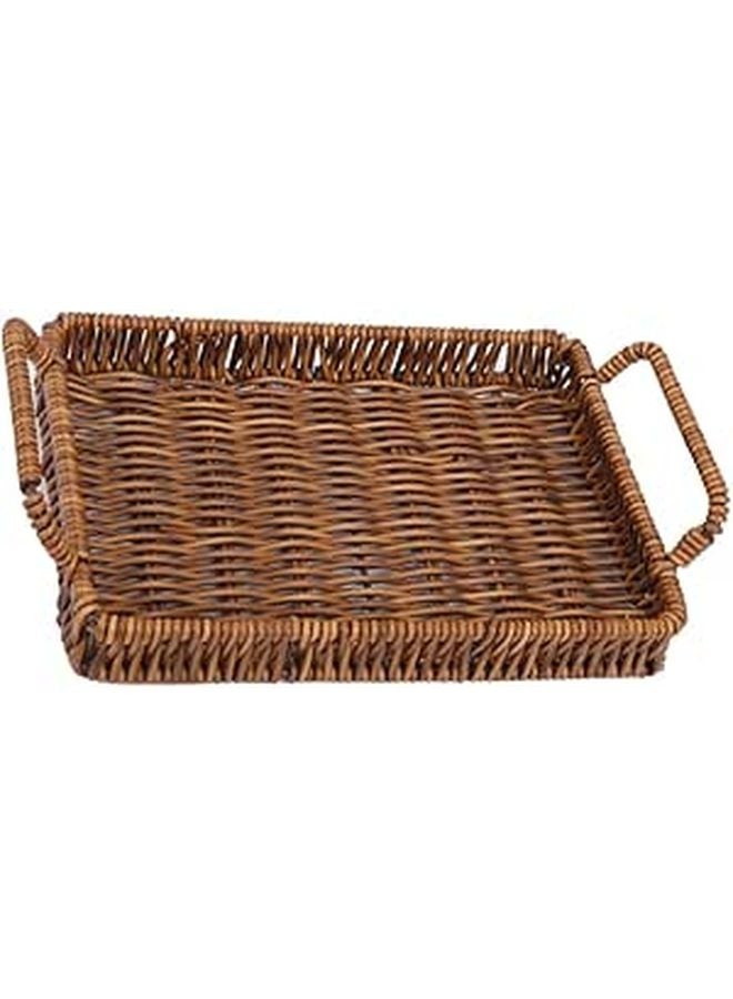 Brown Woven Plastic Storage Basket With Handles Rectangular 26x19x3 5 Cm For Home Fruit Snack Bread - Image 1