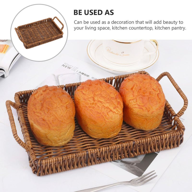 Brown Woven Plastic Storage Basket With Handles Rectangular 26x19x3 5 Cm For Home Fruit Snack Bread - Image 4