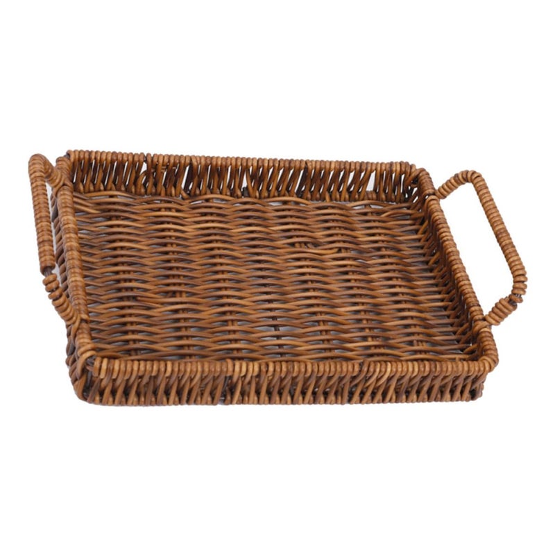 Brown Woven Plastic Storage Basket With Handles Rectangular 26x19x3 5 Cm For Home Fruit Snack Bread - Image 2
