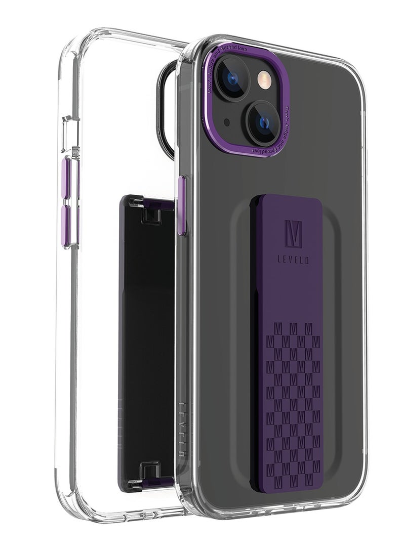 LEVELO Graphia iPhone 14 Case IMD Clear Screen Protector / Metal Camera Protection / Extra Silicone Grip Case / Anti-Scratch - Purple - Image 1