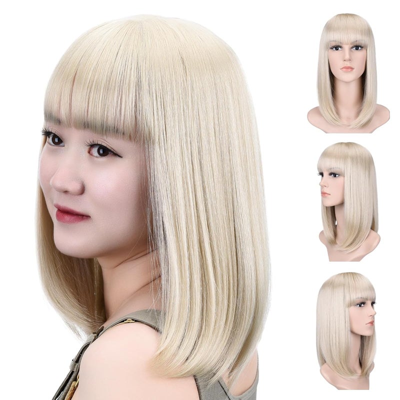 SYXLCYGG Short Wig Blonde Bob Wigs Flame Retardant 14" Straight Silky Fluffy Hair Wigs With Bangs Synthetic Girl Cosplay Party White Women Daily(Free Wig Cap)