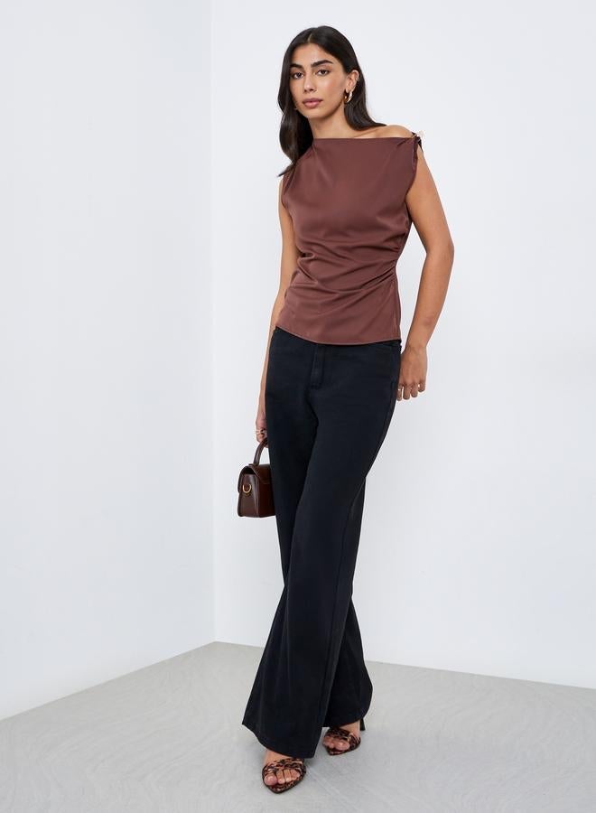 Styli Brown Solid Asymmetric Neck Knit Top - Image 2