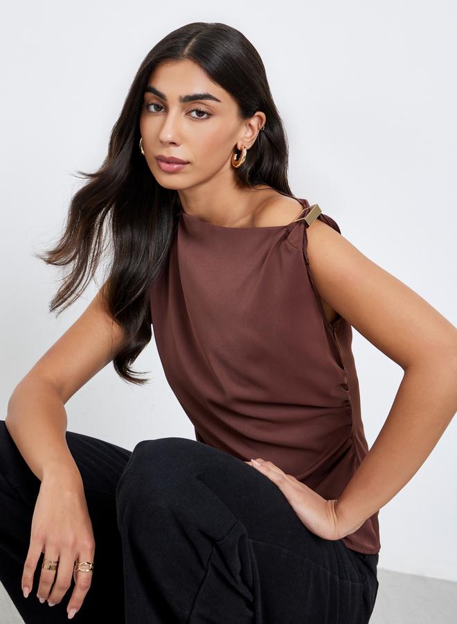 Styli Brown Solid Asymmetric Neck Knit Top - Image 3